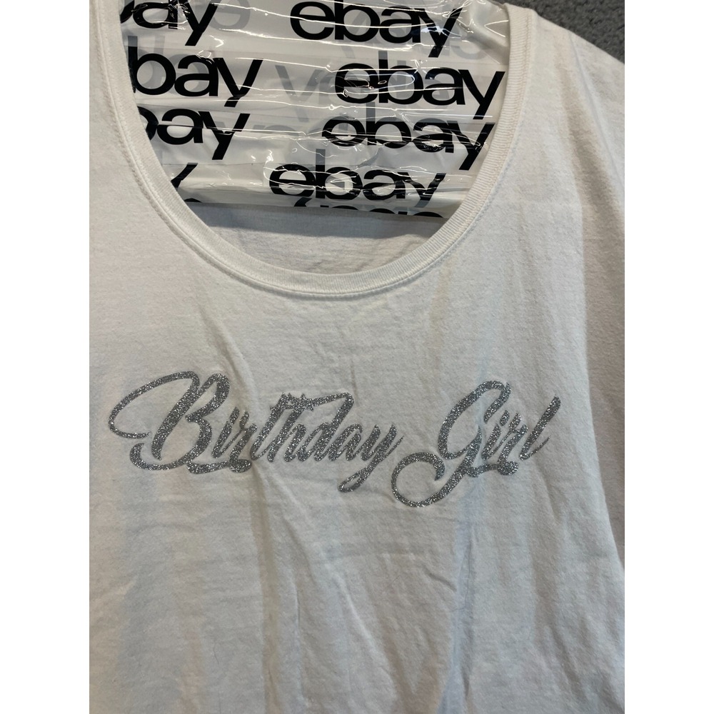 Gildan Womens White Birthday Girl Silver Shimmer Script Size XL - Picture 2 of 6